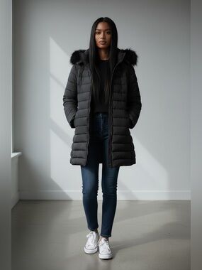 Women’s Black Hooded Long Puffer Coat with Faux Fur Trim